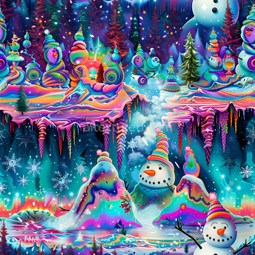 Seamless 3D PBR graffiti texture featuring colorful snowman and icicle mural