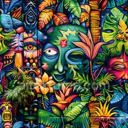 seamless Seamless 3D PBR Graffiti Texture Featuring Vibrant Tropical Mural and Exotic Foliage texture 8k free download PBR