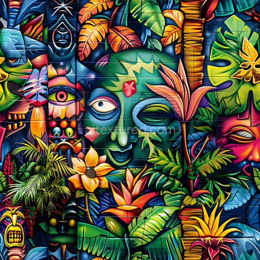 Seamless 3D PBR Graffiti Texture Featuring Vibrant Tropical Mural and Exotic Foliage