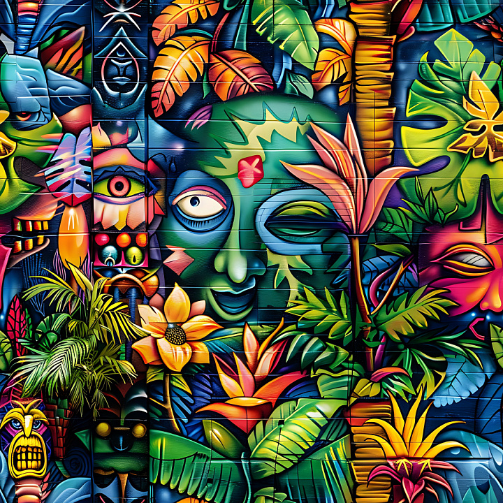 Graffiti Featuring Vibrant Tropical Mural and Exotic Foliage seamless PBR texture preview