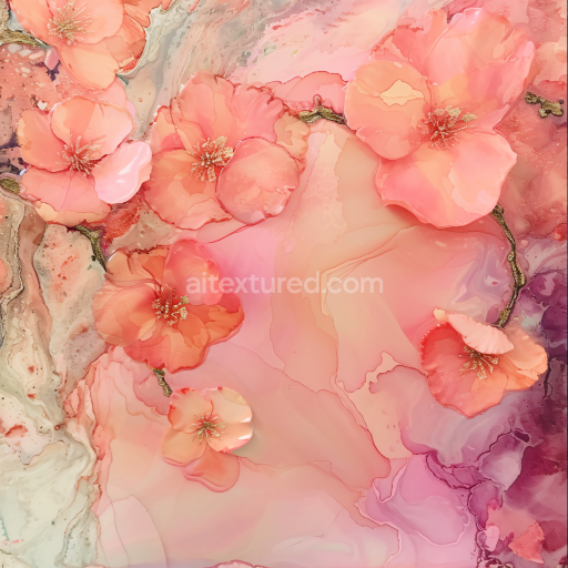 Seamless 3D Alcohol Ink PBR Texture Featuring Soft Pink Floral Swirls and Fluid Marbling