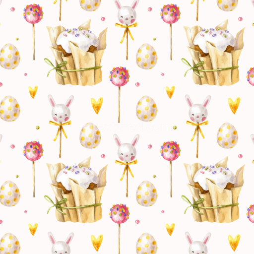Seamless 3D PBR Texture of Whimsical Christmas Digital Paper Featuring Easter Cakes, Bunnies, and Polka Dot Eggs