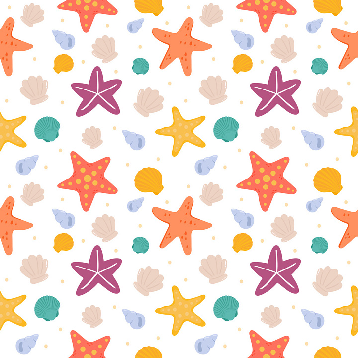 Pattern with Colorful Starfish and Shell Motifs seamless PBR texture preview