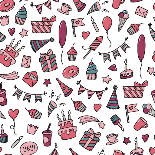 Seamless 3D PBR cartoon-style birthday-themed pattern texture with gifts and cakes