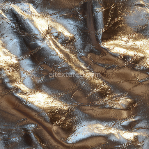 Seamless 3D PBR glossy metallic gold leather texture with deep wrinkles and fine grain