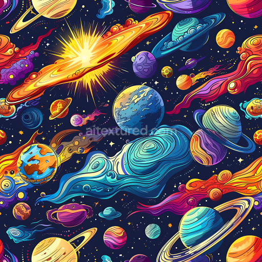 Seamless 3D Stylized Space PBR Texture with Vibrant Planets & Cosmic Clouds