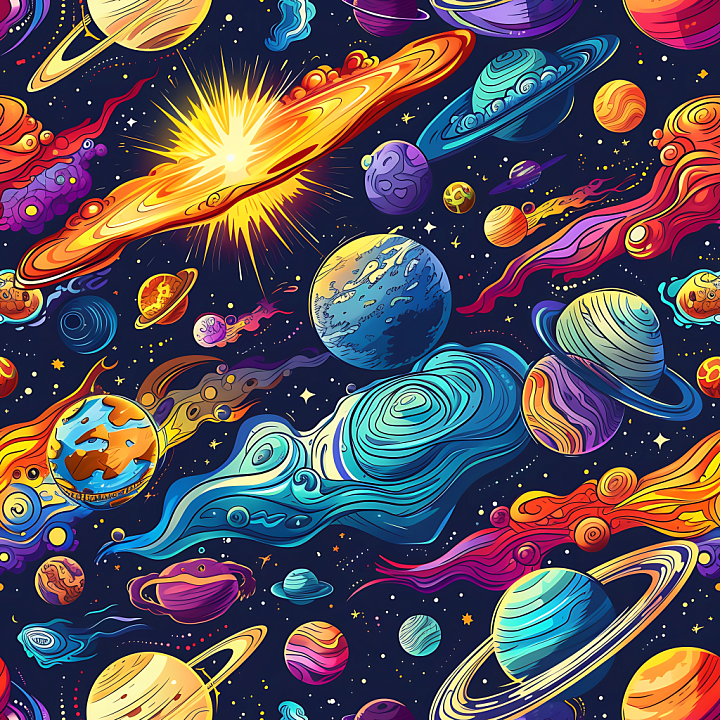 Stylized Space with Vibrant Planets & Cosmic Clouds seamless PBR texture preview