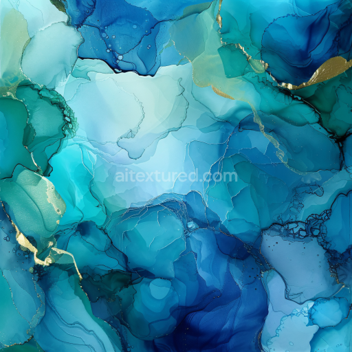 Seamless 3D Alcohol Ink PBR Texture with Blue-Teal Fluid Waves and Gold Veining