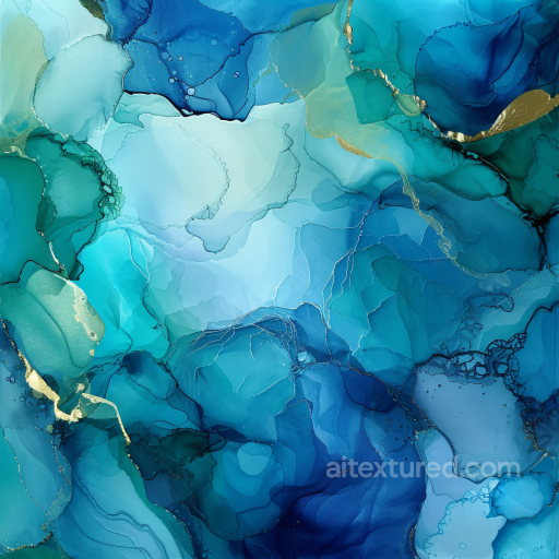 Alcohol Ink PBR Texture with Blue-Teal Fluid Waves and Gold Veining seamless Alcohol ink PBR texture