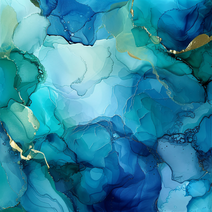 Alcohol Ink with Blue-Teal Fluid Waves and Gold Veining seamless PBR texture preview