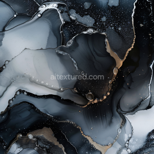 Seamless 3D Alcohol Ink PBR Texture Featuring Black, Grey, and Gold Veins with Fluid Organic Flow