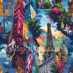 seamless Seamless 3D PBR Texture of Colorful Urban Graffiti with Iconic Cityscape Art texture 8k free download PBR