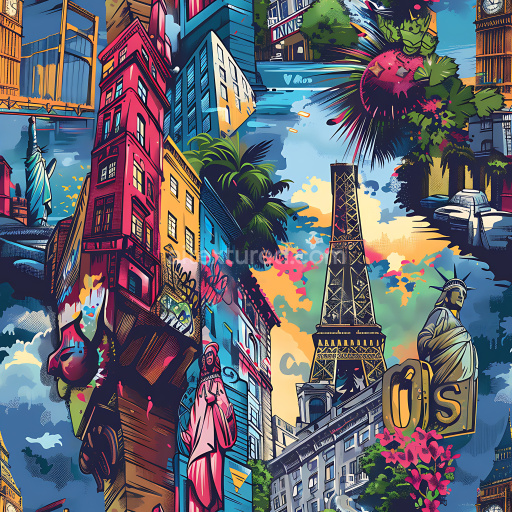 Seamless 3D PBR Texture of Colorful Urban Graffiti with Iconic Cityscape Art