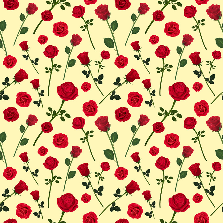 Pattern Featuring Realistic Red Rose Floral Motifs on Pale Yellow Backg… seamless PBR texture preview