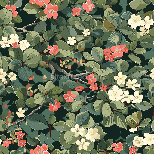 Seamless 3D botanical camouflage PBR texture with lush green leaves and soft floral accents