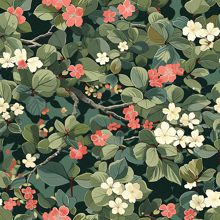 Botanical Camouflage With Lush Green Leaves And Soft Floral Accents seamless PBR texture preview