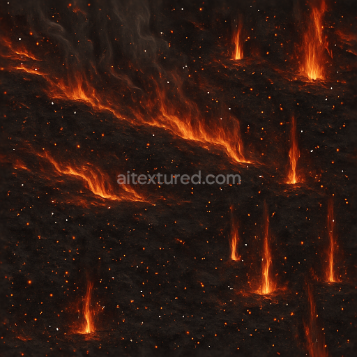 Seamless 8k PBR 3d texture showing smoke curtains with fire waves and charred earth details