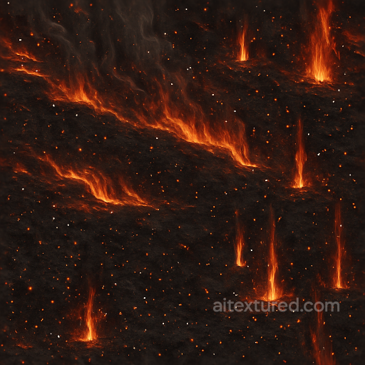 Seamless 8K PBR 3D texture showing smoke curtains with fire waves and charred earth detai… seamless Explosion PBR texture