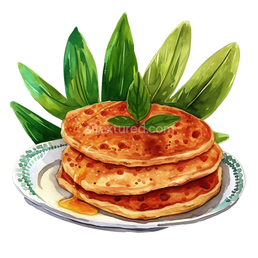 Breakfast Sago Pancakes with Fresh Green Leaves Watercolor Illustration