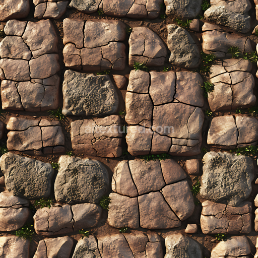 Seamless 3D Cracked Stone Pavement PBR Texture with Earthy Tones and Moss Details