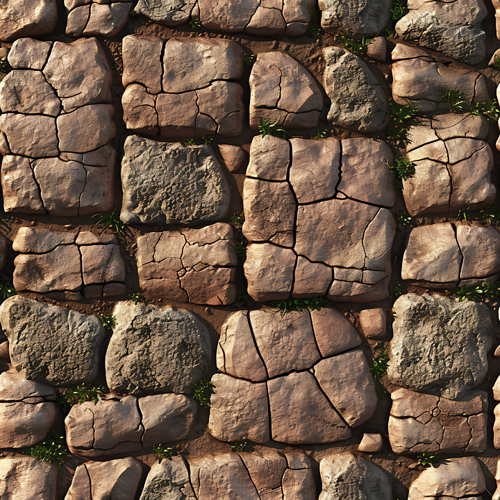 Cracked Stone Pavement with Earthy Tones and Moss Details Asphalt seamless PBR texture preview