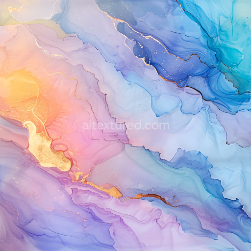Seamless 3D Alcohol Ink PBR Texture Featuring Pastel Swirls and Gold Veins
