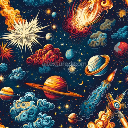 Seamless 3D PBR Texture Featuring Stylized Cartoon Cosmic Clouds & Planets