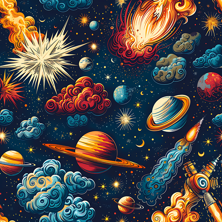 Featuring Stylized Cartoon Cosmic Clouds & Planets seamless PBR texture preview