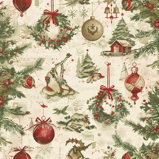 Seamless 3D PBR Texture Featuring Vintage Christmas Ornaments & Greenery