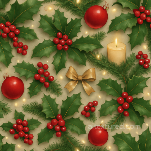 Seamless 8K PBR 3D Texture of Holly Leaves and Red Berries Festive Surface seamless Merry christmas PBR texture