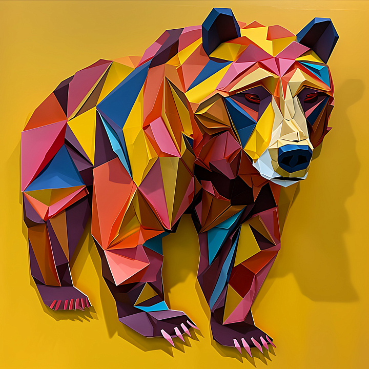 Animal of Geometric Brown Bear with Vibrant Origami Style seamless PBR texture preview