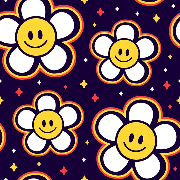 with Cheerful Smiley Face Flower Pattern in Bright Colors seamless PBR texture preview