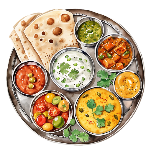 Preview — Indian Breakfast Platter PNG Graphic Featuring Roti and Colorful Curries with Fresh Herbs