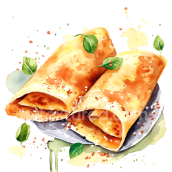 seamless Watercolor Cheese Blintzes Breakfast Illustration with Fresh Greens texture 8k free download PBR