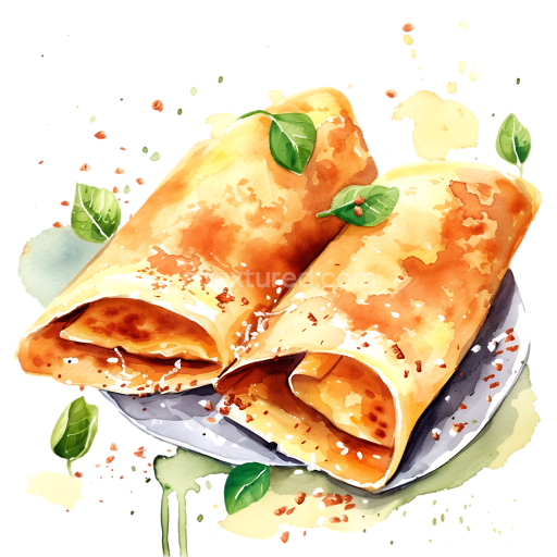 Watercolor Cheese Blintzes Breakfast Illustration with Fresh Greens