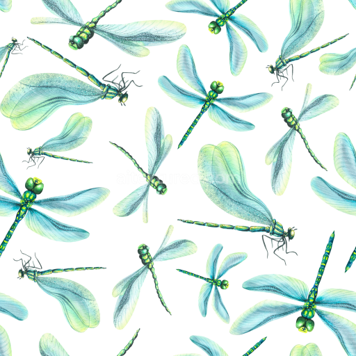 Seamless 3D PBR Texture of Blue-Green Dragonfly Illustrations Pattern