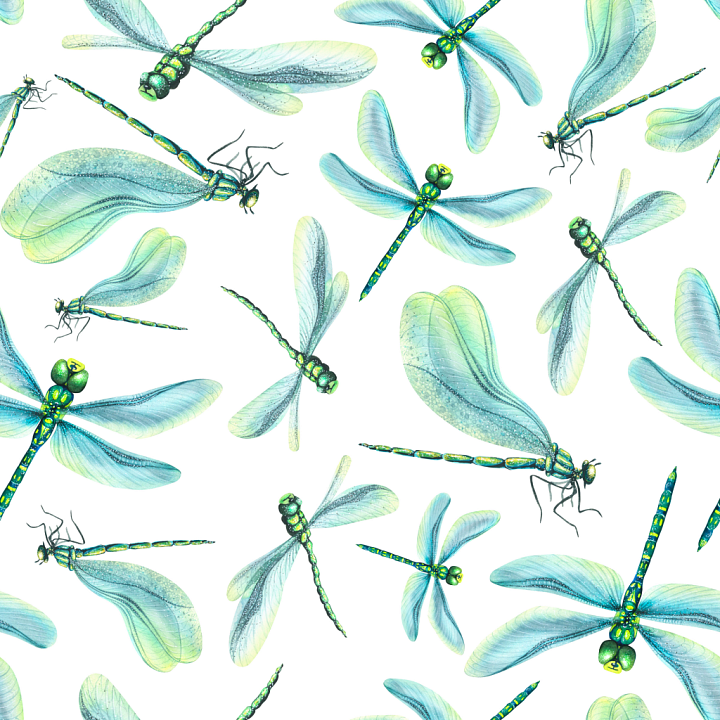 Blue-Green Dragonfly Illustrations Pattern seamless PBR texture preview