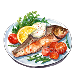 seamless Breakfast Grilled Fish Steak with Lemon, Cherry Tomatoes, and Greens Illustration texture 8k free download PBR