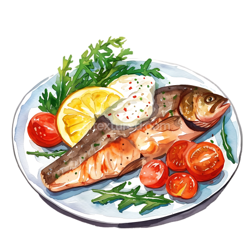 Breakfast Grilled Fish Steak with Lemon, Cherry Tomatoes, and Greens Illustration