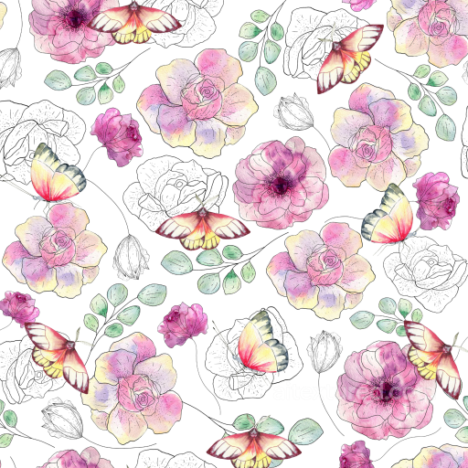 Watercolor Butterflies Texture of Watercolor Flowers and Butterflies Pattern seamless Watercolor Butterflies PBR texture