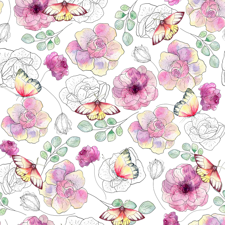 Watercolor Butterflies of Watercolor Flowers and Butterflies Pattern seamless PBR texture preview