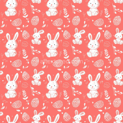 Seamless 3D PBR Digital Paper Texture with White Easter Bunnies & Eggs on Coral
