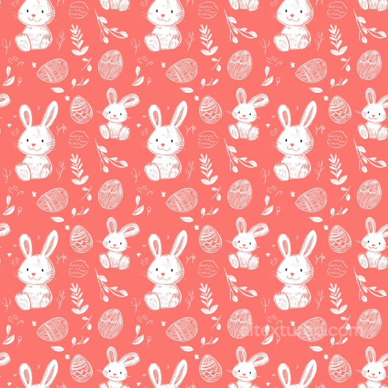 Digital Paper Texture with White Easter Bunnies and Eggs on Coral Background All Easter Digital paper texture preview