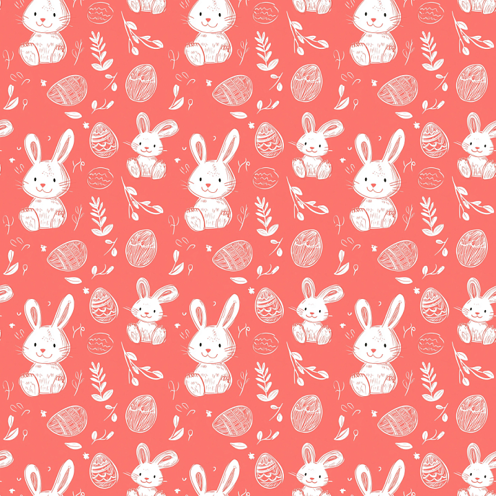 Digital Paper with White Easter Bunnies and Eggs on Coral Background seamless PBR texture preview