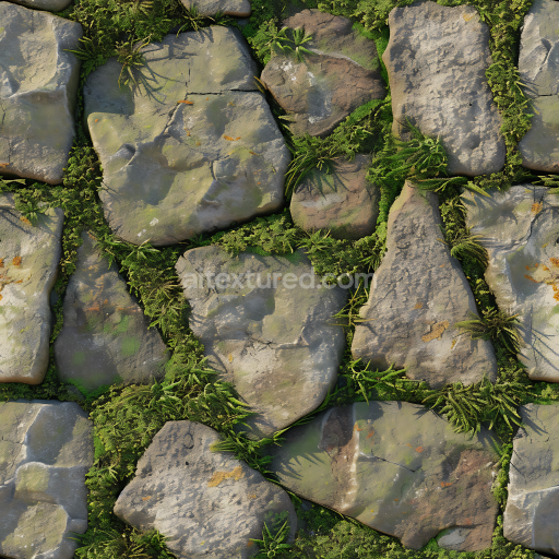 Seamless 3D Moss-Covered Stone Ground PBR Texture with Realistic Weathering and Cracks