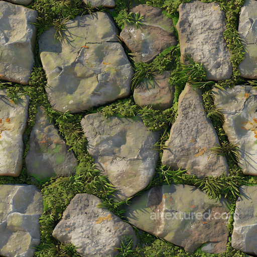Moss-Covered Stone Ground PBR Texture with Realistic Weathering and Cracks seamless Stone PBR texture