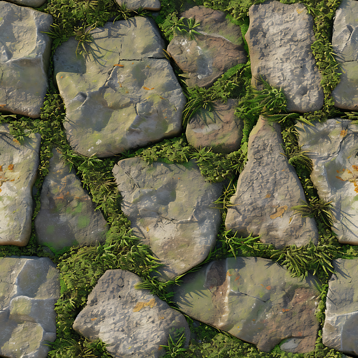 Moss-Covered Stone Ground with Realistic Weathering and Cracks seamless PBR texture preview