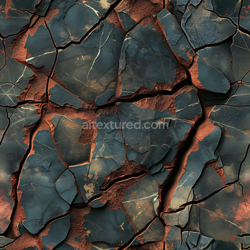 Seamless 3D PBR cracked clay and soil texture with dark blue chipped surface