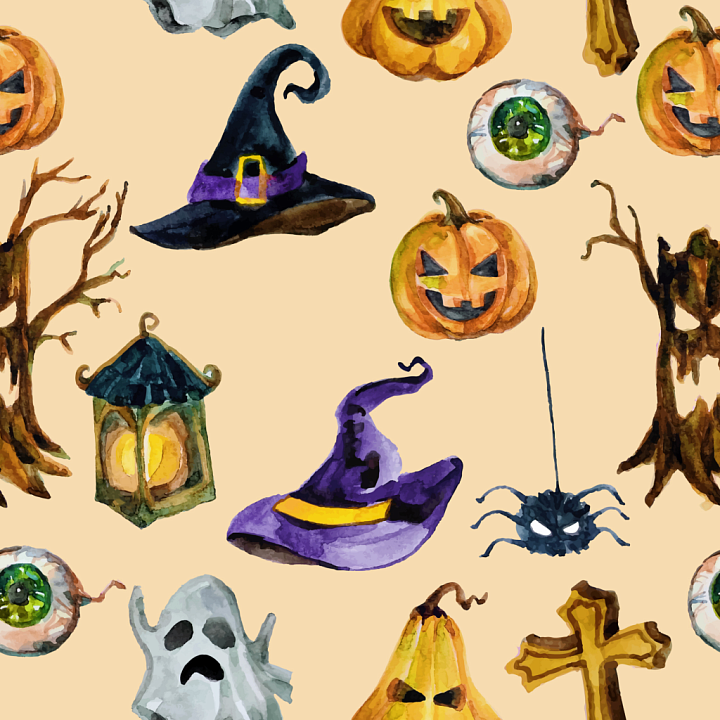 Watercolor Halloween with Witch Hats, Pumpkins & Ghosts seamless PBR texture preview