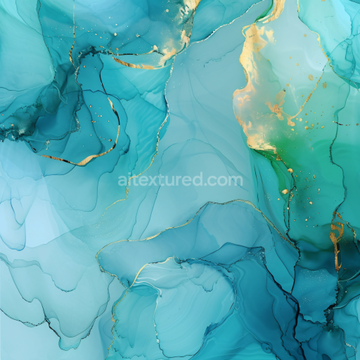 Seamless 3D Alcohol Ink PBR Texture Featuring Blue-Green Fluid Swirls with Gold Veining